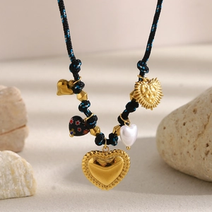 Heart Pendant Necklace Stainless Steel 18K Gold Plated Woven Rope Braid Faux Artificial Pearl Multi Charm Vintage Jewelry Women