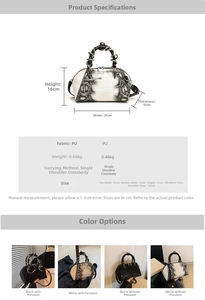 Detailed size chart of shell handbag with dimensions for snake print crossbody bag