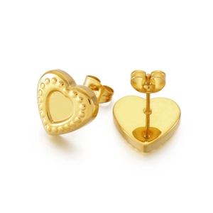 Golden stainless steel heart-shaped stud earrings with beaded edge detailing