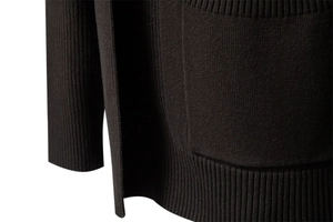 Macro detail of men's knit cardigan showing ribbed cuffs and premium pocket stitching