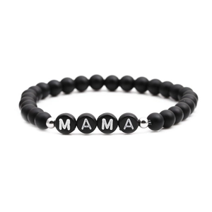Matte black stone beaded bracelet featuring silver MAMA letter beads for mothers