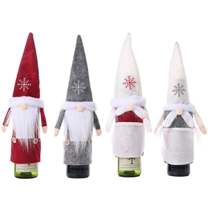 Set of 4 Christmas gnome wine bottle covers with felt hats and snowflake embroidery