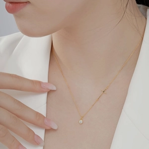 S925 sterling silver gold necklace with round zircon pendant and side cross charm for women