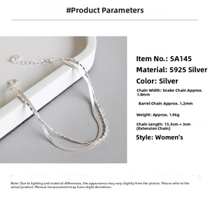 Detail view of S925 sterling silver double-layer bracelet with snake and bead chains