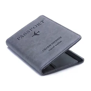 Slim grey faux leather RFID passport holder with airplane design and travel wallet features