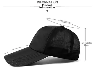 Detail view of quick-dry mesh cap with 10cm long brim and product size specifications