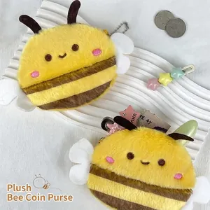 Cute plush bee coin purse with soft yellow stripes, mesh wings and metal chain