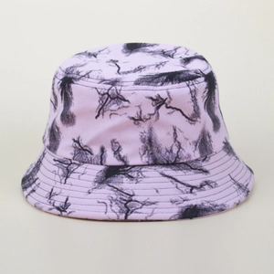 Detail of pink fisherman hat featuring black marble tie-dye print and quilted brim stitches