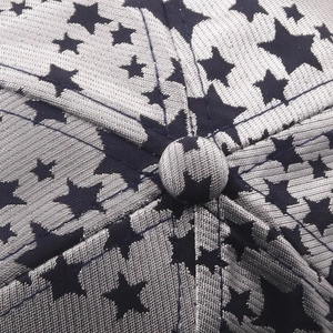 Détail macro de la calotte de casquette avec étoiles noires sur tissu argenté