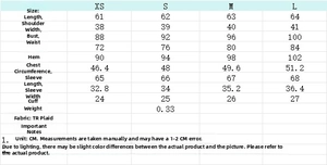 Detailed size chart for women's slim fit plaid shirt including measurements in centimeters