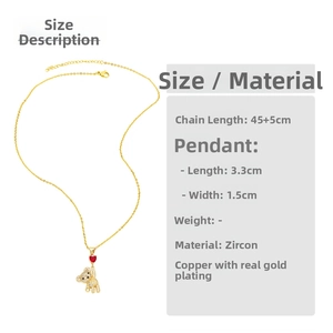 Size details of the gold bear necklace with red heart and clear zircon settings
