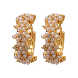 14K gold plated geometric hoop earrings with pearls and cubic zirconia in flower design
