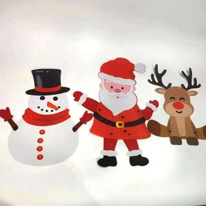 Detailed view of felt Christmas ornaments featuring Santa, Snowman and Reindeer characters