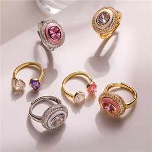 Copper Heart Water Drop Oval Open Ring For Women Enamel Zirconia Inlaid Adjustable Gold Silver Fashion Jewelry