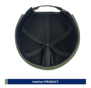 Detail view of army green docker cap interior featuring black breathable lining and buckle