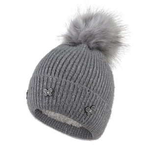 Women's dark gray knit beanie with faux fur pompom and rhinestone butterfly charms