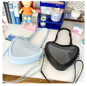Detail of heart-shaped Ita bag with transparent window in black and sky blue PU leather