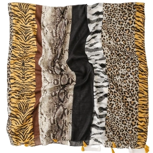 Lightweight bali yarn scarf with mixed zebra and leopard animal prints and yellow tassels