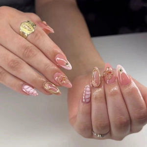 Press On Nails Almond Shape Pink Gradient 3D Flower Rhinestone Gold Stamping French Style Fake Nails For Women