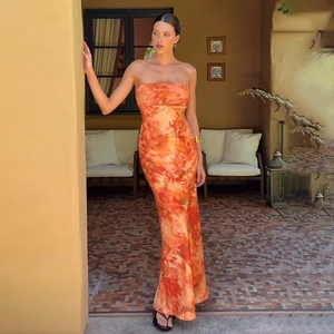 Polyester Spandex Printed Tube Top Maxi Dress Slim Fit Sleeveless Vacation Bohemian Style Elegant Long Dress