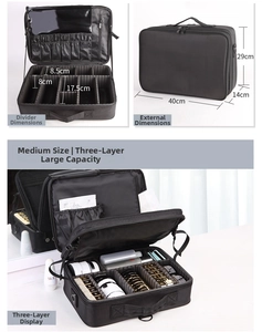 Three-layer oxford fabric makeup bag with adjustable dividers, size 40x29x14cm