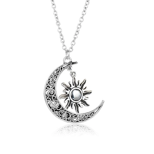 Vintage Sun And Moon Pendant Necklace Hollow Out Antique Silver Bronze Alloy Sweater Chain For Men Women Jewelry Gift