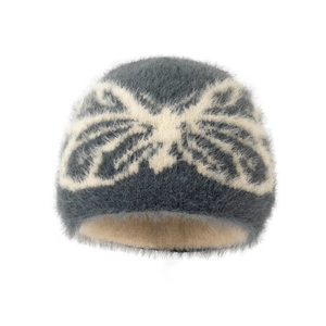 Outdoor fashion butterfly knitted beanie with soft faux mohair texture for winter warmth
