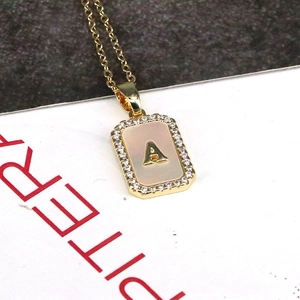 18K gold rectangle pendant necklace with mother of pearl shell letter A and zircon stones