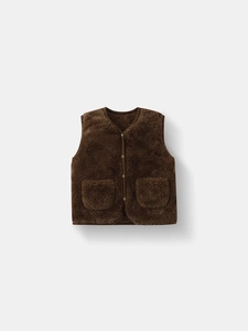 Gilet caldo in pile per bambini marrone scuro con scollo a V e tre bottoni