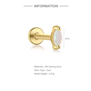 Macro view of 5mm marquise white opal stud earring in S925 sterling silver with dimensions