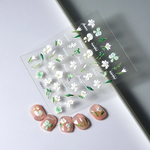 5D Embossed Nail Art Stickers White Flower Green Leaf Designs 3D Self Adhesive Decals Elegant Manicure Decoration Women