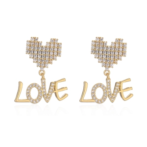 Exquisite gold-plated heart and LOVE letter dangle earrings with sparkling cubic zirconia