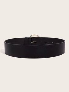 Detail of black wide leather belt featuring a silver semi-circular metal buckle and neat stitching