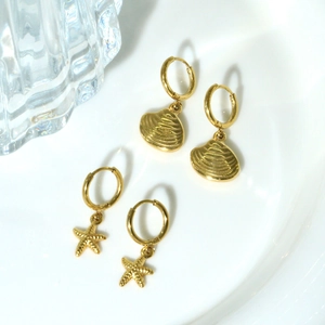 14K gold plated stainless steel hoop earrings with shell and starfish charms
