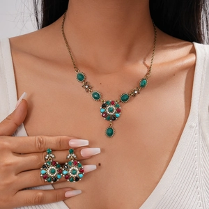 Necklace And Earrings Vintage Palace Style Alloy Rhinestone Acrylic Colorful Flower Water Drop Bohemian Jewelry For Women