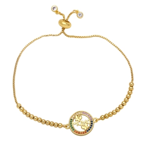 Detail of adjustable gold mama bracelet with colorful crystals and sliding clasp
