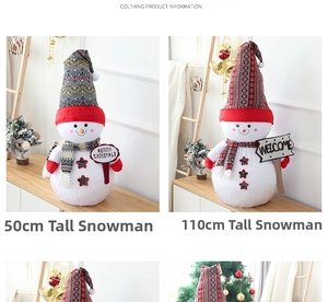 Detail of 50cm and 110cm plush Christmas snowmen with knitted hats and festive signs