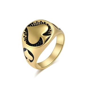 Gold stainless steel signet ring with Ace of Spades poker pattern from 45 degree angle