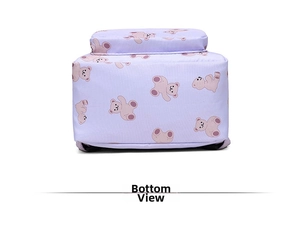 Detailed bottom view of the light purple children backpack with cute cartoon bear patterns