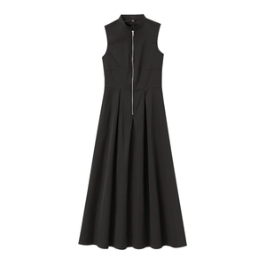 Elegante schwarze ärmellose A-Linien-Maxikleid mit Stehkragen und vorderem Metall-Reißverschluss