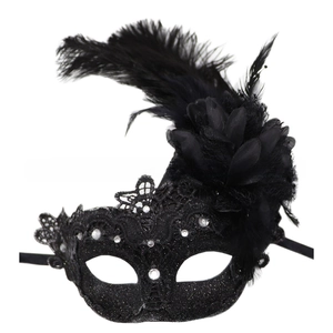 Dettaglio maschera in pizzo nero con piume lunghe e strass argentati per feste
