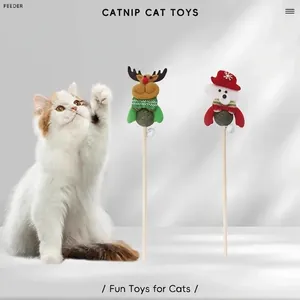 Jouet Baguette Chat De Noël Avec Balle À Herbe À Chat Et Manche En Bois Père Noël Renne Peluche Grelot Interactif