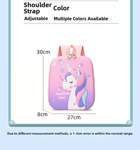 Detailed size chart of pink unicorn kids backpack showing 30x27x8cm dimensions