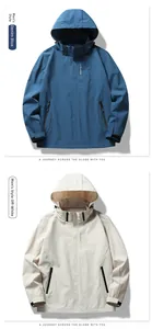 Detailed view of denim blue and beige waterproof jackets with adjustable hoods and pockets