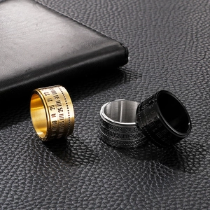 Close-up of rotatable spinner rings with numerals in gold, silver, and black finishes