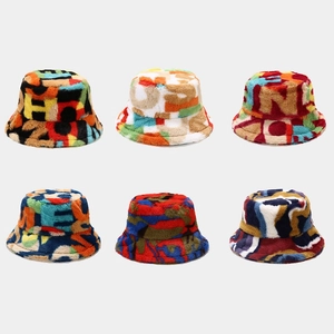 Faux Fur Bucket Hat Warm Winter Fisherman Cap Colorful Letter Print Plush Fashion Streetwear Outdoor For Women