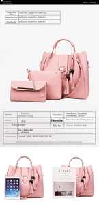 Detailed size chart for pink PU leather 3-piece tote set with tassel charm
