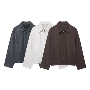 Veste Femme Minimaliste Streetwear Col Rabattu Fermeture Éclair Texture Effet Laine Manteau Avec Poches Ample