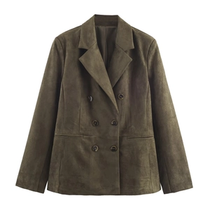 Women Faux Suede Blazer Double Breasted Lapel Collar Long Sleeve Olive Green Elegant Casual Jacket Office Wear
