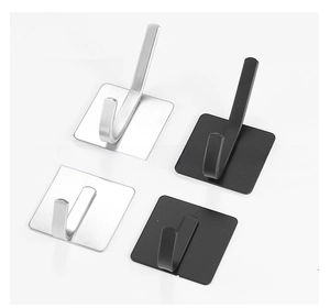 Detail showing SUS304 stainless steel adhesive hooks in silver and matte black finish